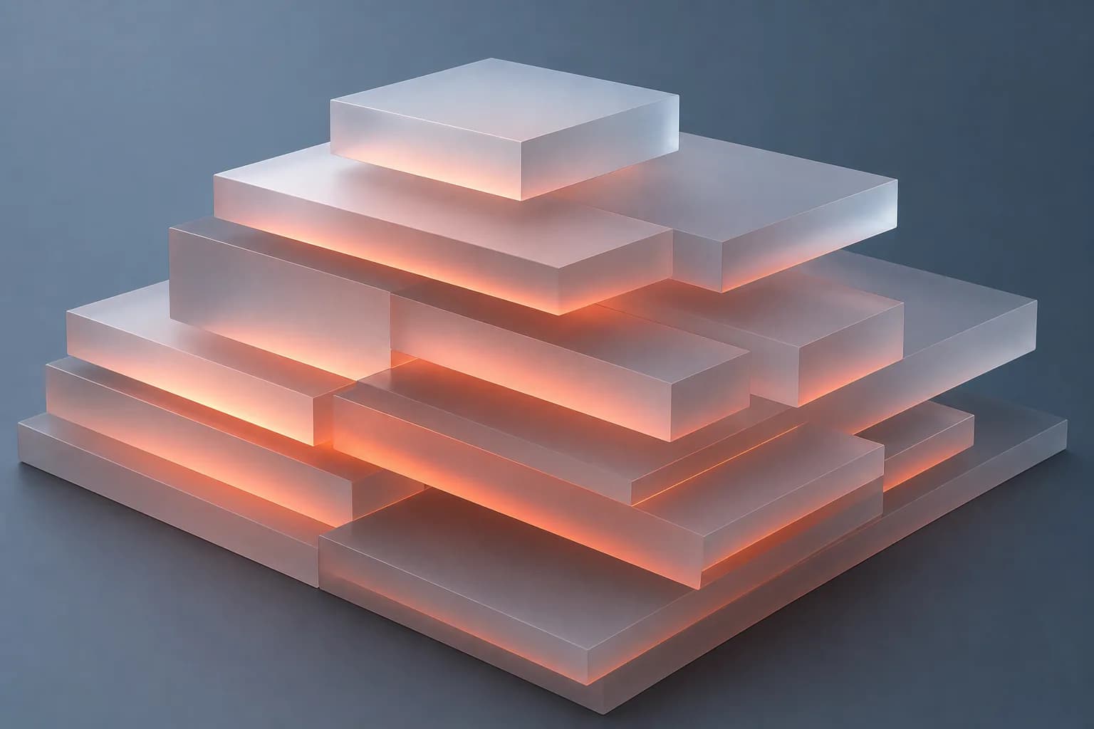 Stacked frosted glass layers glowing coral