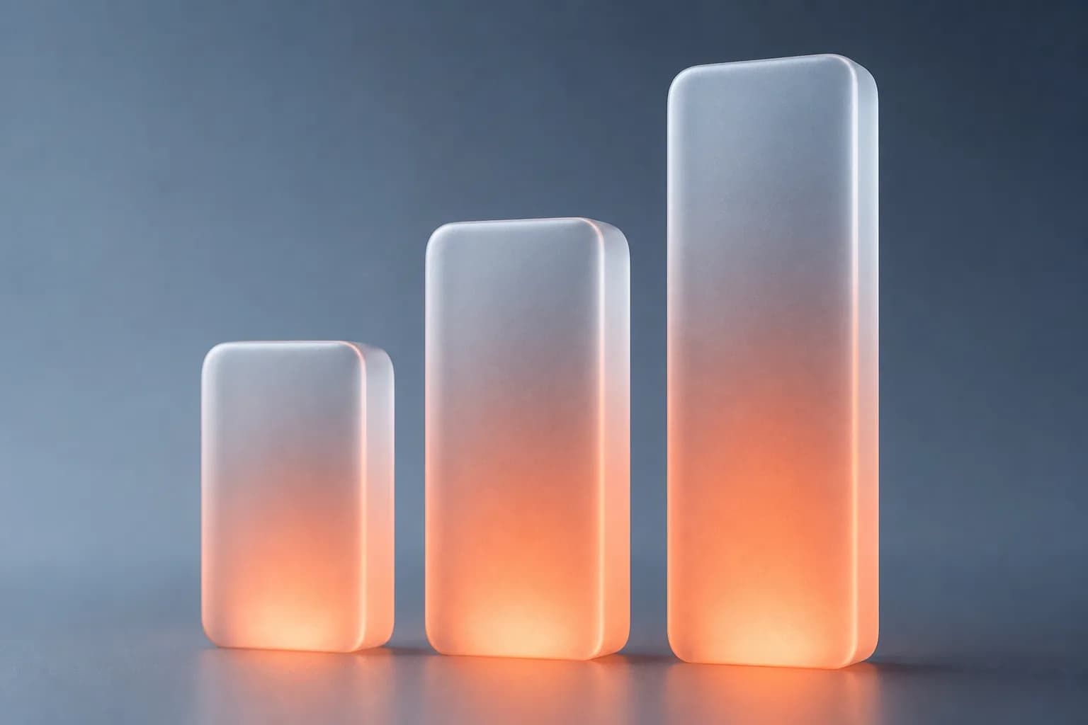 Three frosted glass bars rising, glowing coral