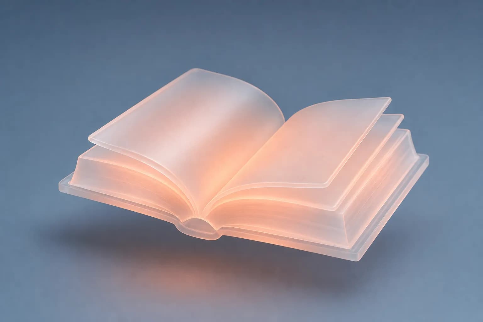 An open frosted glass book glowing with a warm coral core
